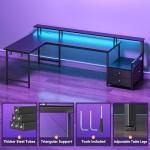 Korfile 66'' L Shaped Gaming Desk with Drawers and Storage Shelves, Reversible Corner Desk with Power Outlets and Host Stand, Large Computer Desk with Led Lights for Gaming, Work, Home Office, Black