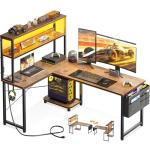 AODK L Shaped Desk Gaming Desk with LED Light & Power Outlet, 53 Inch Reversible L Shaped Computer Table with Shelf & Storage Bag & Hook for Home Office, Vintage
