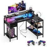 DUMOS 47” Gaming Desk with USB Charging Ports & LED Lights, Reversible L Shaped Desks Computer Corner Gamer Table with Power Outlets Monitor Stand Storage Shelves for Home Office Small Space, Black