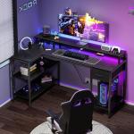 DUMOS 47” Gaming Desk with USB Charging Ports & LED Lights, Reversible L Shaped Desks Computer Corner Gamer Table with Power Outlets Monitor Stand Storage Shelves for Home Office Small Space, Black