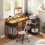 DUMOS 47” Gaming Desk with USB Charging Ports & LED Lights, Reversible L Shaped Desks Computer Corner Gamer Table with Power Outlets Monitor Stand Storage Shelves for Home Office Small Space, Black