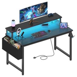 Lufeiya Black Gaming Desk with LED Lights and Power Outlets, 40 Inch Teen Writing Study Table Home Office Desks with Monitor Stand, Computer Desk with Charging Station USB Port, Black