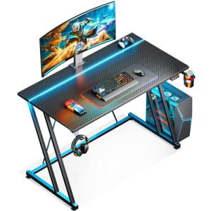 MOTPK 39 Inch Small Gaming Desk with LED Light, Computer Desk for Small Space, Gaming Table with Carbon Fiber Texture, Kids PC Desk Gift for Boys Men, Black