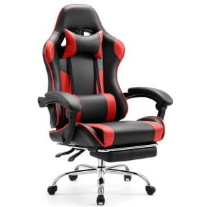 Sweetcrispy Video Game Desk Chair - Ergonomic Computer with Footrest and Comfy Lumbar Support, PU Leather Recliner with Headrest, Fixed Up Armrest, Height Adjustable with 360° Swivel, for Adults, Red