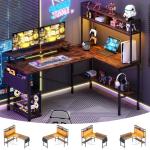 Aheaplus L Shaped Gaming Desk with Power Outlets & LED Lights, Small L-Shaped Desk Computer Corner Desk with Monitor Stand & Storage Shelf, Home Office Desk Writing Desk with Storage Bag, Rustic Brown