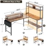 Aheaplus L Shaped Gaming Desk with Power Outlets & LED Lights, Small L-Shaped Desk Computer Corner Desk with Monitor Stand & Storage Shelf, Home Office Desk Writing Desk with Storage Bag, Rustic Brown