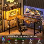 Aheaplus L Shaped Gaming Desk with Power Outlets & LED Lights, Small L-Shaped Desk Computer Corner Desk with Monitor Stand & Storage Shelf, Home Office Desk Writing Desk with Storage Bag, Rustic Brown