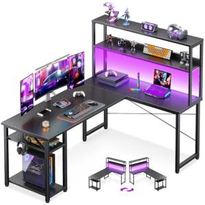 ODK 53" L Shaped Gaming Desk with Hutch & Headphone Hook, Corner Computer Table with Storage Shelves for Home Office, Black