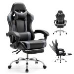 DUMOS Ergonomic Gaming Office Desk Chair with Footrest and Headrest for Adults, PU Leather Video Computer Chair with Linkage Armrests, Height Adjustable 360° Swivel Recling Chair, Black Grey