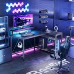 Bestier Gaming Desk with Power Outlets, 42" L-Shaped Computer Desk with LED Lights, Desk with Reversible Storage Shelves & Hooks for Small Spaces, Bedrooms & Offices, Black Carbon Fiber