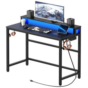 YATINEY Small Computer Desk with Charging Station and LED Lights, Gaming Desk with Monitor Stand, 2-Tier Home Office Desk with 4 Side Hooks, for Living Room, Home Office, Black DN01UDBBY2