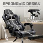 DUMOS Ergonomic Gaming Office Desk Chair with Footrest and Headrest for Adults, PU Leather Video Computer Chair with Linkage Armrests, Height Adjustable 360° Swivel Recling Chair, Black Grey