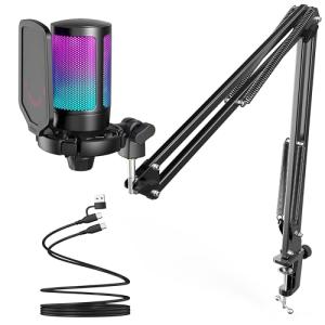 FIFINE Gaming PC USB Microphone, Podcast Condenser Mic with Boom Arm, Pop Filter, Mute Button for Streaming, Twitch, Online Chat, RGB Computer Mic for PS4/5 PC Gamer Youtuber-AmpliGame A6T