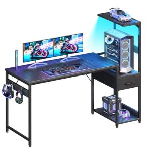 Casaottima 54 Inch Gaming Desk with Storage & LED Lights, Reversible Computer Desk with Display Shelves & Fabric Drawer, Modern Gamer Desk Table with Side Headphone Hook, Carbon Fiber Black