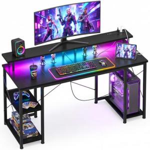ODK 48 inch Gaming Desk with LED Lights & Power Outlets, Computer Desk with Monitor Stand & Storage Shelves, CPU Stand, Home Office Desk, Black