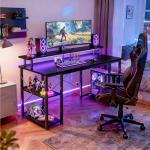 ODK 48 inch Gaming Desk with LED Lights & Power Outlets, Computer Desk with Monitor Stand & Storage Shelves, CPU Stand, Home Office Desk, Black