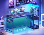 Casaottima 54 Inch Gaming Desk with Storage & LED Lights, Reversible Computer Desk with Display Shelves & Fabric Drawer, Modern Gamer Desk Table with Side Headphone Hook, Carbon Fiber Black