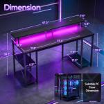 ODK 48 inch Gaming Desk with LED Lights & Power Outlets, Computer Desk with Monitor Stand & Storage Shelves, CPU Stand, Home Office Desk, Black