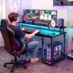 ODK 48 inch Gaming Desk with LED Lights & Power Outlets, Computer Desk with Monitor Stand & Storage Shelves, CPU Stand, Home Office Desk, Black