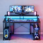 ODK 48 inch Gaming Desk with LED Lights & Power Outlets, Computer Desk with Monitor Stand & Storage Shelves, CPU Stand, Home Office Desk, Black