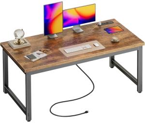 Huuger 55 x 24 inch Desk with Power Outlets & USB-C, Deeper & Thicker Desktop, Robust Metal Tubes, Computer Desk, Heavy Duty Office Desk, Work Gaming Desk for Home Office, Rustic Brown