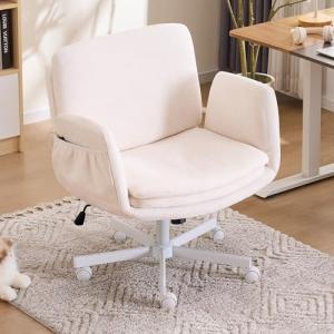 Kslysuly Criss Cross Chair with 5-Gear Adjustable Armrests & Wheels, Ergonomic Airbag Back Support Swivel Desk Chair for Home Office, Gaming, Bedroom and Living Room(Beige)