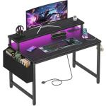 Lufeiya Small Desk with Power Outlets and LED Lights, 32 Inch Teen Writing Study Table Home Office Computer Desks with Monitor Stand, Gaming Desk with Charging Station, Black