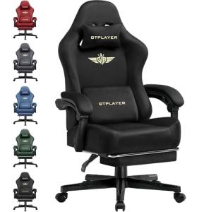 GTPLAYER Gaming Chair Fabric with Pocket Spring Cushion, High Back Ergonomic Computer Chair with Footrest for Adults Lumbar Support Swivel Game Chair for Office Gaming 350LBS, Black