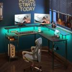 Rolanstar L Shaped Gaming Desk with LED Lights & Power Outlets, 53" Computer Desk with Full Monitor Stand & Storage Shelf, Corner Desk with Hooks, Carbon Fiber Desk Reversible
