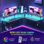 Rolanstar L Shaped Gaming Desk with LED Lights & Power Outlets, 53" Computer Desk with Full Monitor Stand & Storage Shelf, Corner Desk with Hooks, Carbon Fiber Desk Reversible