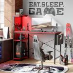 Bestier Gaming Desk with Power Outlets, 44 Inch Led Gamer Desk with 4 Tiers Reversible Shelves, PC Gaming Table with Headset Hook & Side Storage Bag for Bedroom (Black 3D Carbon Fiber)