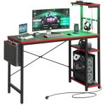 Bestier Gaming Desk with Power Outlets, 44 Inch Led Gamer Desk with 4 Tiers Reversible Shelves, PC Gaming Table with Headset Hook & Side Storage Bag for Bedroom (Black 3D Carbon Fiber)