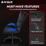 N-GEN Video Gaming Chair Ergonomic Computer Desk Office Chair with Lumbar Support Adjustable Height Swivel Wheels Flip-Up Arms PU Leather Home and Office (Blue)