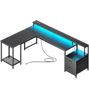 PRAISUN 66" L Shaped Gaming Desk with LED Lights & Power Outlets, Computer Desk with Fabric Drawers and Print Stand, Corner Office Desk, Monitor Stand, Mesh CPU Stand, Black