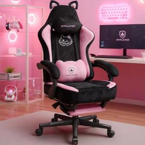 GTRACING Pink Gaming Chair Cute with Cat Ears Ergonomic Computer Chair with Cat Embroidery Adjustable Memory Foam Lumbar Support and Headrest Comfortable Reclining Office Chair Soft Velvet Fabric