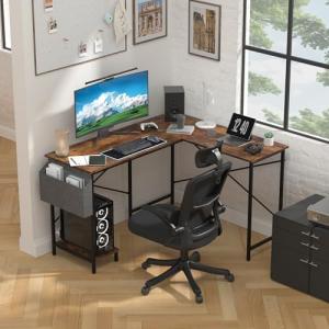 BORGEBY L-Shaped Computer Desk with Reversible Storage Shelves, Durable Metal Frame, MDF Board Desktop, Side Storage Bag and CPU Stand, Writing Study Work Table for Home Office Gaming, 50 inches Wide