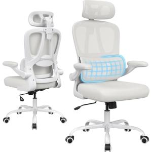Ergonomic Office Chair with Lumbar Support High Back Mesh Desk Chair with Adjustable Headrest Tilt Function and Flip-Up Arms 350lb Capacity Comfortable Computer Gaming Chair for Home Office (White)