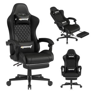 Opiesit Gaming Chair,Computer Chair with Pocket Spring Cushion,Ergonomic Office Chair with Footrest,Height Adjustable Video Gamer Chair with Lumbar Support for Adults (No Massage, Black-A)