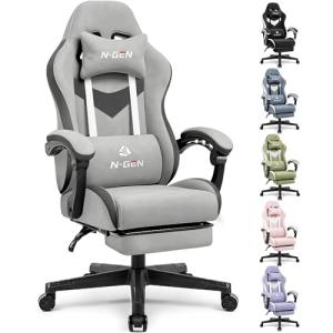 N-GEN GAMING Video Gaming Chair Office Computer Desk Use Ergonomic Reclining Backrest Adjustable Armrests Lumbar Support Footrest High Density Foam Breathable Fabric Heavy Duty Base (Grey)