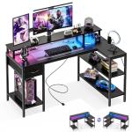 DUMOS 53” Gaming Desk with USB Charging Ports & LED Lights, Reversible L Shaped Desks Computer Corner Gamer Table with Power Outlets Monitor Stand Storage Shelves for Home Office Small Space, Black