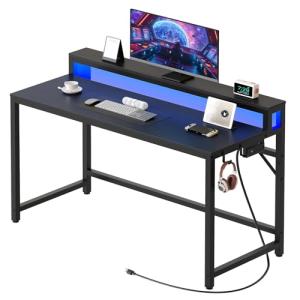 YATINEY 47.2" Computer Desk with Charging Station and LED Lights, Gaming Desk with Monitor Stand, 2-Tier Home Office Desk with 4 Side Hooks, for Living Room, Home Office, Black DN12UDBB