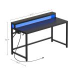 YATINEY 47.2" Computer Desk with Charging Station and LED Lights, Gaming Desk with Monitor Stand, 2-Tier Home Office Desk with 4 Side Hooks, for Living Room, Home Office, Black DN12UDBB