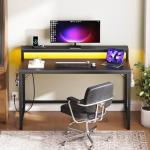 YATINEY 47.2" Computer Desk with Charging Station and LED Lights, Gaming Desk with Monitor Stand, 2-Tier Home Office Desk with 4 Side Hooks, for Living Room, Home Office, Black DN12UDBB