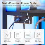 YATINEY 47.2" Computer Desk with Charging Station and LED Lights, Gaming Desk with Monitor Stand, 2-Tier Home Office Desk with 4 Side Hooks, for Living Room, Home Office, Black DN12UDBB