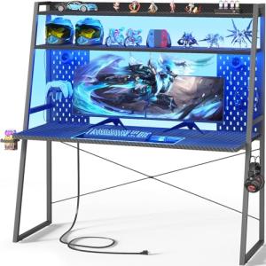 Besiost Gaming Desk with Hutch and LED Lights, Gaming Computer Desk with Power Outlets, Gamer Desk with Storage Shelves, PC Game Desks with Pegboards, for Bedroom, Carbon Fiber Black, 49"