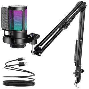 KingSom Gaming USB Microphone,Noise Cancellation Condenser Mic with Boom Arm,Podcast Microphones RGB Computer Mic,Streaming Microphone with Pop Filter, Mute Button,Gain for Recording,Discord,YouTube