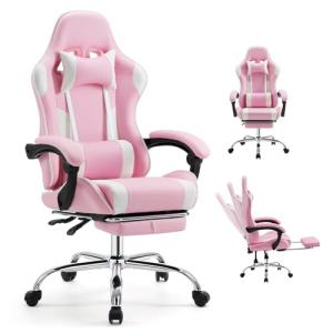 DUMOS Ergonomic Gaming Office Desk Chair with Footrest and Headrest for Adults, PU Leather Video Computer Chair with Linkage Armrests, Height Adjustable 360° Swivel Recling Chair, White Pink