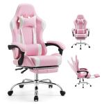 DUMOS Ergonomic Gaming Office Desk Chair with Footrest and Headrest for Adults, PU Leather Video Computer Chair with Linkage Armrests, Height Adjustable 360° Swivel Recling Chair, White Pink