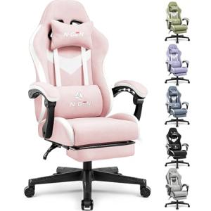 N-GEN GAMING Video Gaming Chair Office Computer Desk Use Ergonomic Reclining Backrest Adjustable Armrests Lumbar Support Footrest High Density Foam Breathable Fabric Heavy Duty Base (Pink)