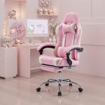 DUMOS Ergonomic Gaming Office Desk Chair with Footrest and Headrest for Adults, PU Leather Video Computer Chair with Linkage Armrests, Height Adjustable 360° Swivel Recling Chair, White Pink